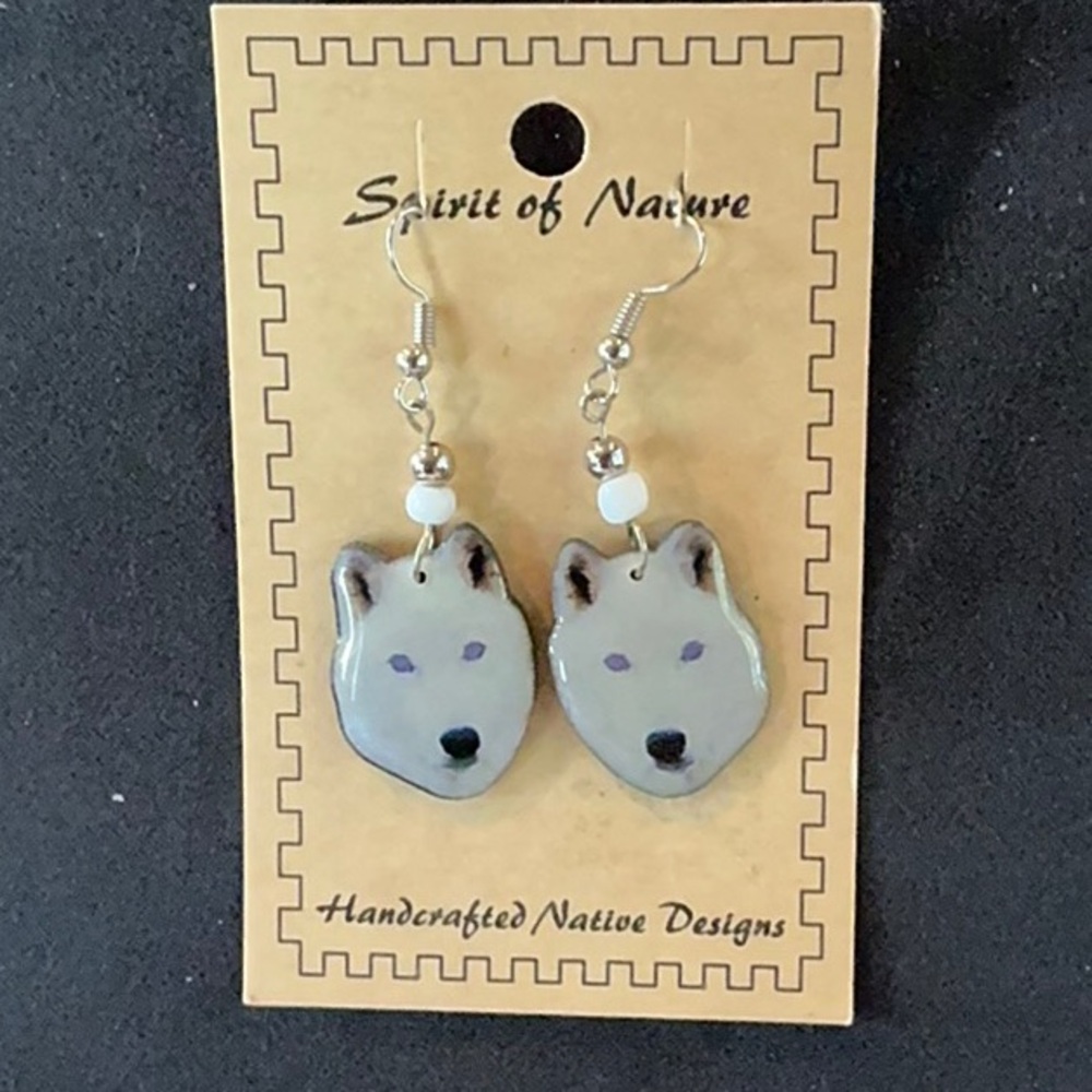 Gray and Black Wolf Face Fashion Dangle Earrings